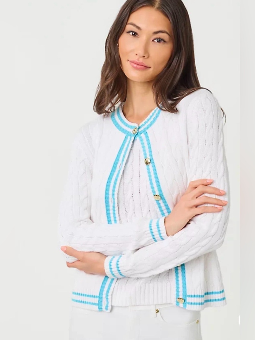 Lilly Pulitzer Brockton Crew Neck Cardigan Resort White X Capri Blue Tipping